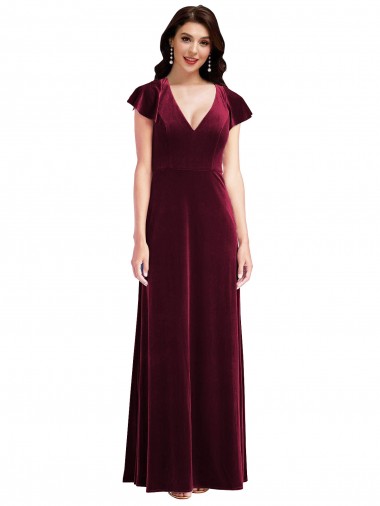 Bordeaux Trapèze Col V Velours Stretch Longue Robes demoiselle d'honneur / Robes de bal Pas Cher