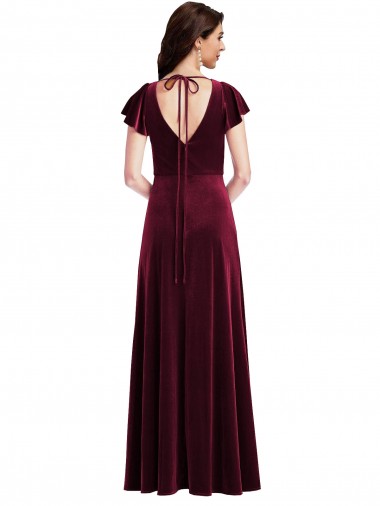 Bordeaux Trapèze Col V Velours Stretch Longue Robes demoiselle d'honneur / Robes de bal