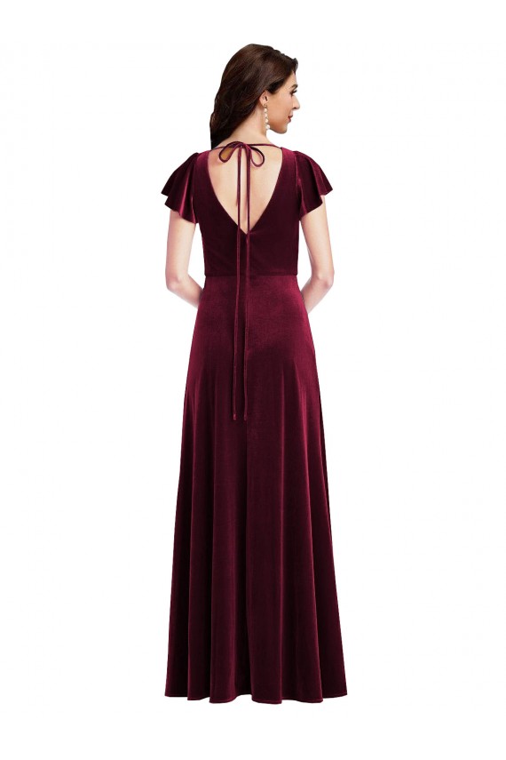 Bordeaux Trapèze Col V Velours Stretch Longue Robes demoiselle d'honneur / Robes de bal Pas Cher