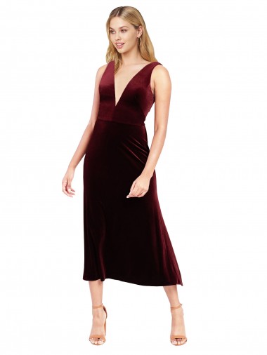 Bordeaux Trapèze Col V midi Velours Stretch Courte Robes demoiselle d'honneur / Robes de bal / Robes de cocktail Pas Cher