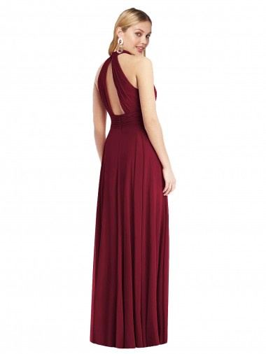 Bordeaux Trapèze Licou Col Haut Mousseline Longue Robes demoiselle d'honneur
