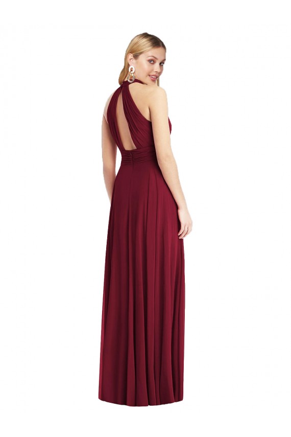 Bordeaux Trapèze Licou Col Haut Mousseline Longue Robes demoiselle d'honneur Pas Cher