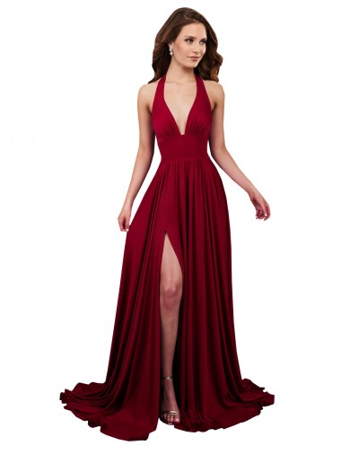 Bordeaux Trapèze Licou Col V Spandex Longue Formelles Robes demoiselle d'honneur / Robes de soirée / Robes de bal Pas Cher