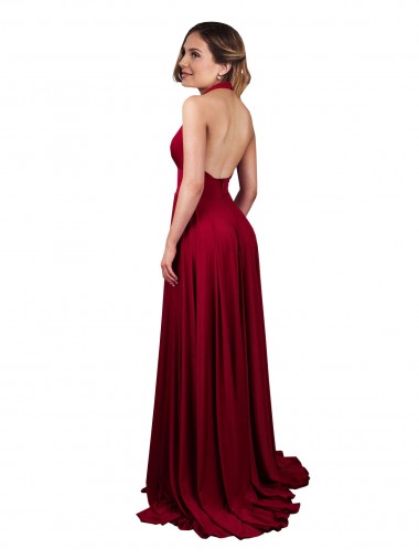 Bordeaux Trapèze Licou Col V Spandex Longue Formelles Robes demoiselle d'honneur / Robes de soirée / Robes de bal