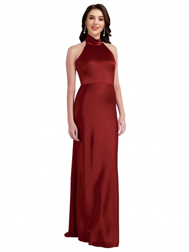Bordeaux Trapèze Licou Satiné Stretch Longue Formelles Robes demoiselle d'honneur / Robes de soirée / Robes de bal Pas Cher