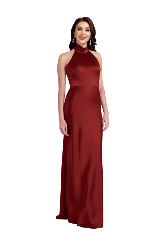 Bordeaux Trapèze Licou Satiné Stretch Longue Formelles Robes demoiselle d'honneur / Robes de soirée / Robes de bal Pas Cher