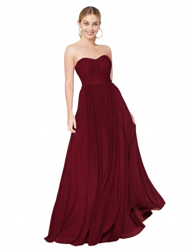 Bordeaux Trapèze Sans bretelle Mousseline Longue Formelles Robes demoiselle d'honneur / Robes de soirée / Robes de bal Pas Cher