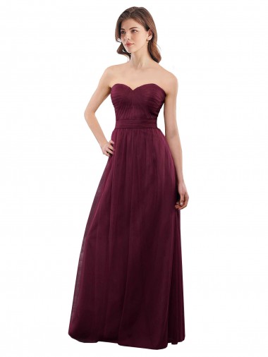 Bordeaux Trapèze Sans bretelle Tulle Longue Robes demoiselle d'honneur Pas Cher