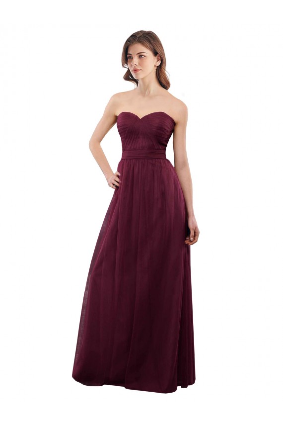 Bordeaux Trapèze Sans bretelle Tulle Longue Robes demoiselle d'honneur