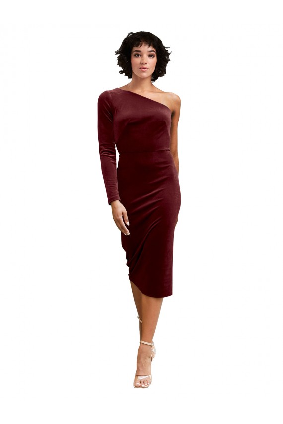 Bordeaux Trapèze midi Velours Stretch Courte Robes demoiselle d'honneur / Robes de bal Pas Cher