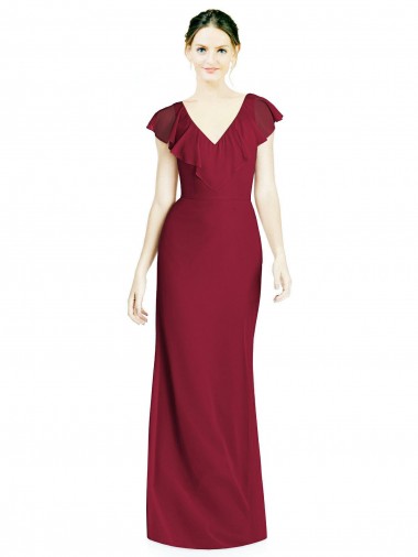 Bordeaux Trompette Col V Mousseline Longue Robes demoiselle d'honneur Pas Cher