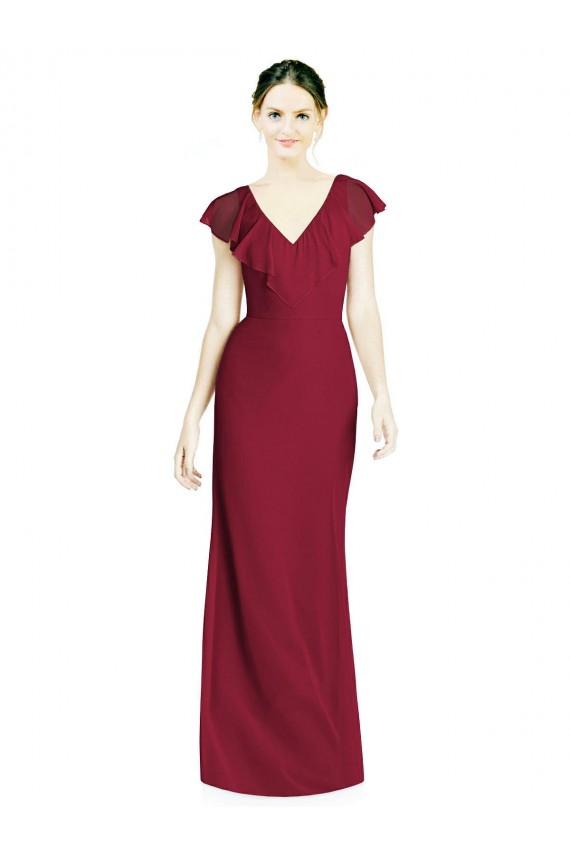 Bordeaux Trompette Col V Mousseline Longue Robes demoiselle d'honneur Pas Cher