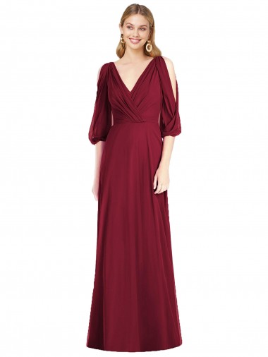 Bordeaux Trompette Col V Mousseline Longue Robes demoiselle d'honneur Pas Cher