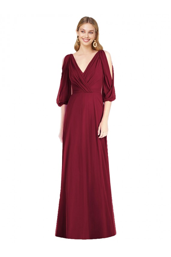 Bordeaux Trompette Col V Mousseline Longue Robes demoiselle d'honneur Pas Cher