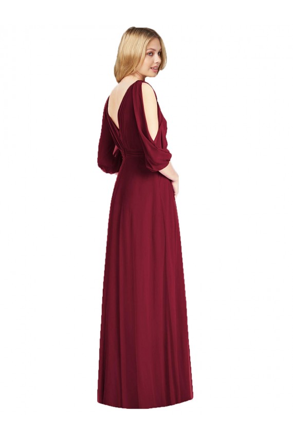 Bordeaux Trompette Col V Mousseline Longue Robes demoiselle d'honneur Pas Cher