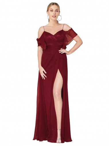 Bordeaux Trompette Épaule Dénudée Mousseline Longue Formelles Robes demoiselle d'honneur / Robes de soirée / Robes de bal Pas Cher