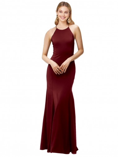 Bordeaux foncé Sirène Licou Col Haut Crêpe Stretch Longue Formelles Robes demoiselle d'honneur / Robes de soirée / Robes de bal Pas Cher