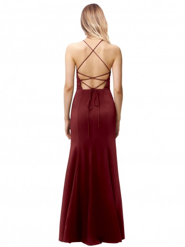 Bordeaux foncé Sirène Licou Col Haut Crêpe Stretch Longue Formelles Robes demoiselle d'honneur / Robes de soirée / Robes de bal