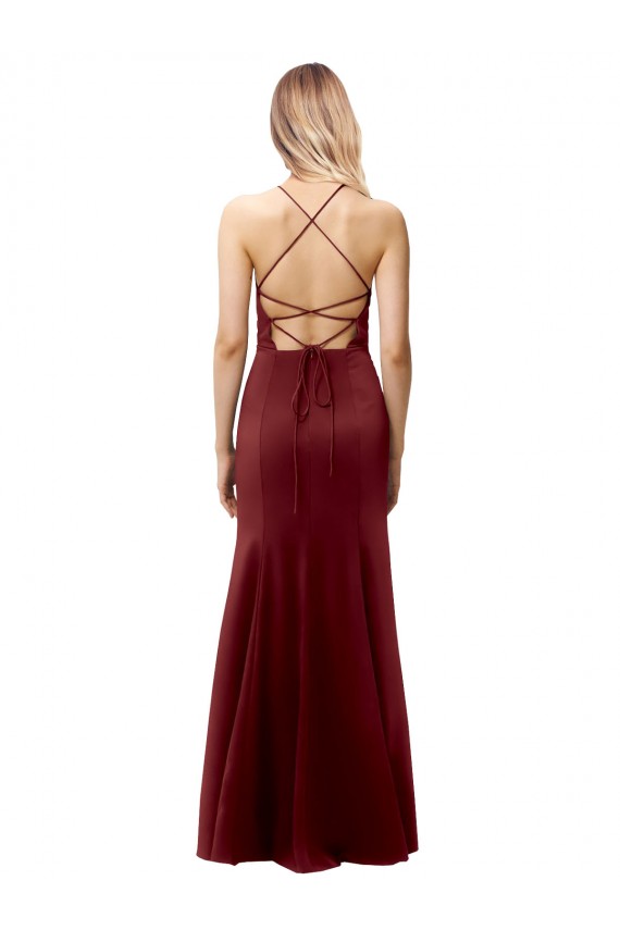 Bordeaux foncé Sirène Licou Col Haut Crêpe Stretch Longue Formelles Robes demoiselle d'honneur / Robes de soirée / Robes de bal Pas Cher