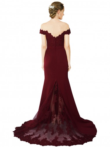 Bordeaux foncé Sirène Épaule Dénudée Balayage train Crêpe Stretch Dentelle Longue Formelles Robes demoiselle d'honneur / Robes de soirée / Robes de bal