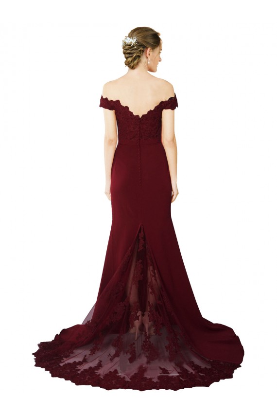 Bordeaux foncé Sirène Épaule Dénudée Balayage train Crêpe Stretch Dentelle Longue Formelles Robes demoiselle d'honneur / Robes de soirée / Robes de bal Pas Cher