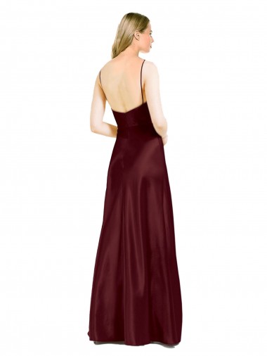 Bordeaux foncé Trapèze Bretelles spaghetti Col V Satiné Stretch Longue Formelles Robes demoiselle d'honneur / Robes de soirée / Robes de bal