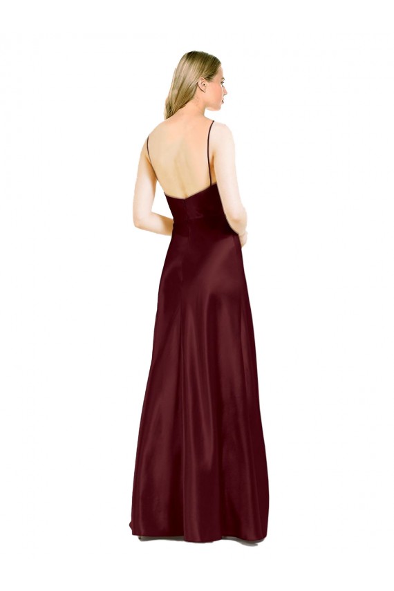 Bordeaux foncé Trapèze Bretelles spaghetti Col V Satiné Stretch Longue Formelles Robes demoiselle d'honneur / Robes de soirée / Robes de bal Pas Cher