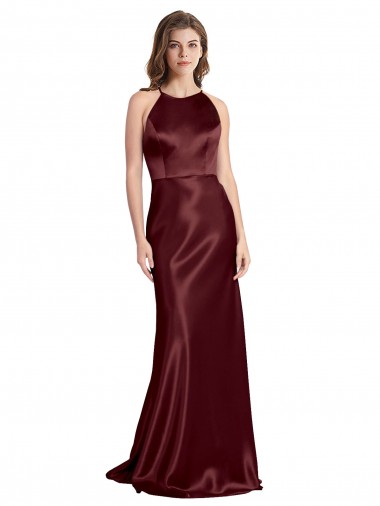 Bordeaux foncé Trapèze Bretelles spaghetti Col V Satiné Stretch Longue Formelles Robes demoiselle d'honneur / Robes de soirée / Robes de bal Pas Cher