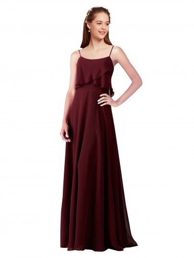 Bordeaux foncé Trapèze Bretelles spaghetti Mousseline Longue Robes demoiselle d'honneur Pas Cher