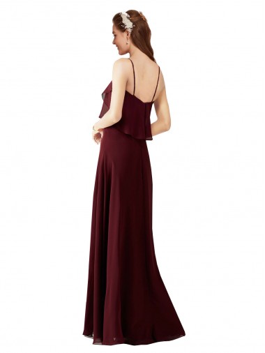 Bordeaux foncé Trapèze Bretelles spaghetti Mousseline Longue Robes demoiselle d'honneur