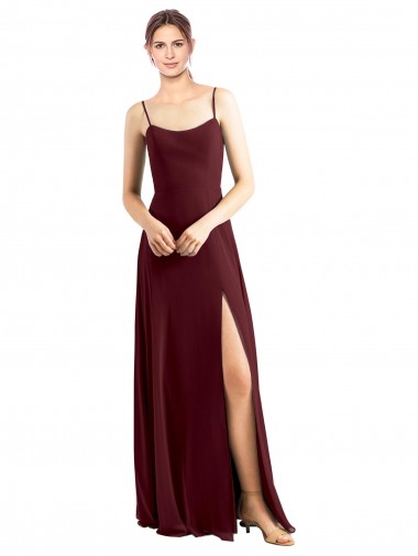 Bordeaux foncé Trapèze Bretelles spaghetti Scoop Mousseline Longue Robes demoiselle d'honneur Pas Cher