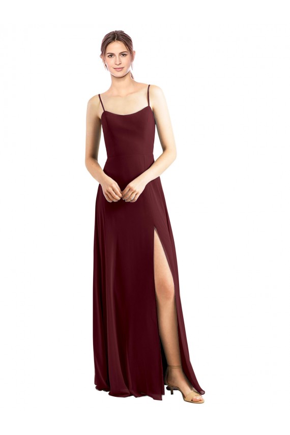 Bordeaux foncé Trapèze Bretelles spaghetti Scoop Mousseline Longue Robes demoiselle d'honneur Pas Cher