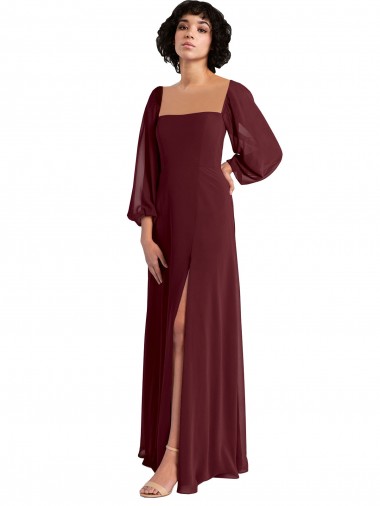 Bordeaux foncé Trapèze Col Carré Mousseline Longue Robes demoiselle d'honneur Pas Cher