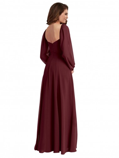 Bordeaux foncé Trapèze Col Carré Mousseline Longue Robes demoiselle d'honneur