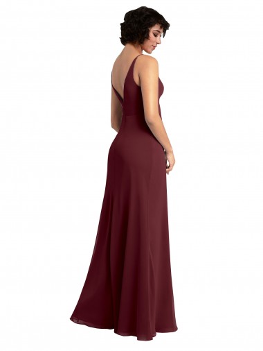 Bordeaux foncé Trapèze Col V Mousseline Longue Robes demoiselle d'honneur