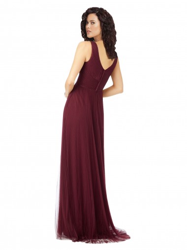 Bordeaux foncé Trapèze Col V Tulle Longue Robes demoiselle d'honneur