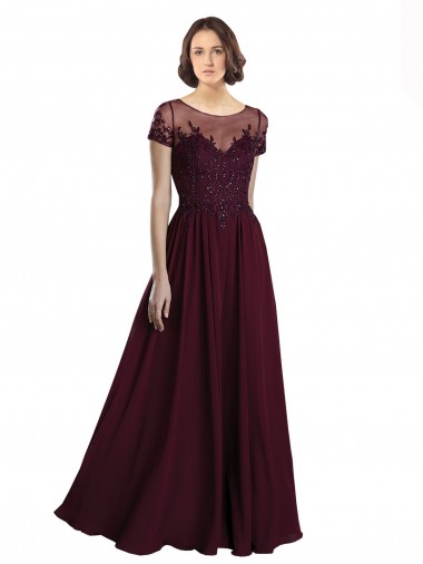 Bordeaux foncé Trapèze Col bijou Tulle Mousseline Longue Robes demoiselle d'honneur Pas Cher