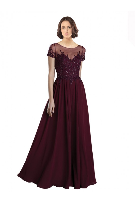 Bordeaux foncé Trapèze Col bijou Tulle Mousseline Longue Robes demoiselle d'honneur Pas Cher