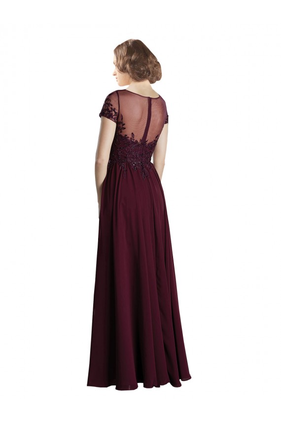 Bordeaux foncé Trapèze Col bijou Tulle Mousseline Longue Robes demoiselle d'honneur Pas Cher