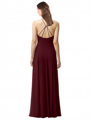 Bordeaux foncé Trapèze Licou Col Haut Mousseline Longue Robes demoiselle d'honneur
