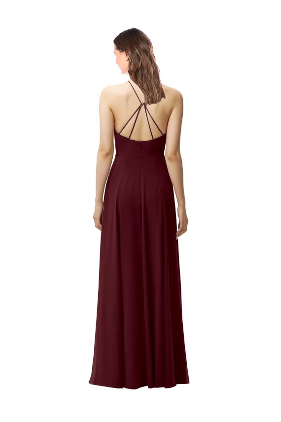 Bordeaux foncé Trapèze Licou Col Haut Mousseline Longue Robes demoiselle d'honneur Pas Cher
