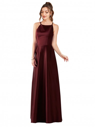 Bordeaux foncé Trapèze Licou Satiné Longue Robes demoiselle d'honneur / Robes de bal Pas Cher