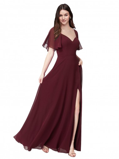 Bordeaux foncé Trapèze Mousseline Longue Robes demoiselle d'honneur Pas Cher