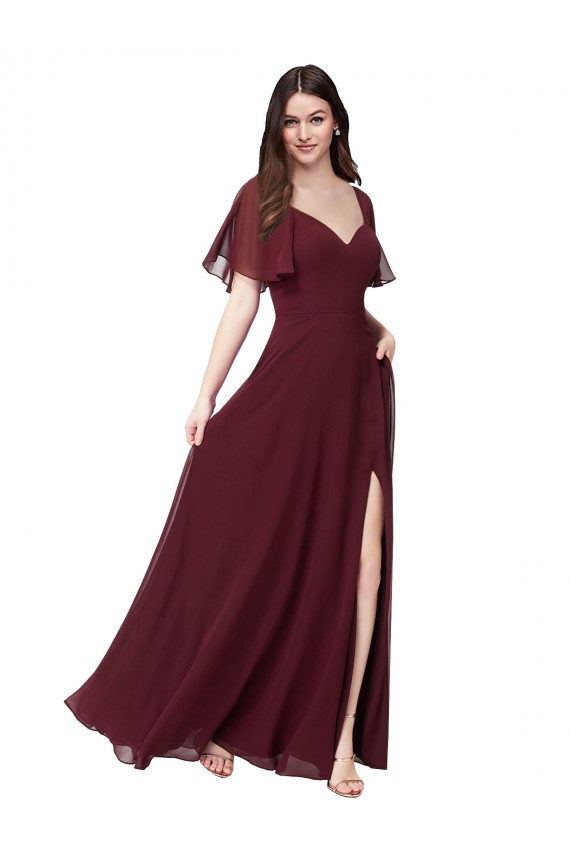 Bordeaux foncé Trapèze Mousseline Longue Robes demoiselle d'honneur Pas Cher