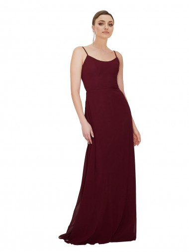 Bordeaux foncé Trapèze Scoop Mousseline Longue Robes demoiselle d'honneur Pas Cher
