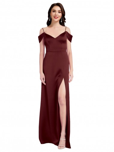 Bordeaux foncé Trapèze Épaule Dénudée Col V Satiné Stretch Longue Formelles Robes demoiselle d'honneur / Robes de soirée / Robes de bal Pas Cher