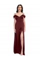 Bordeaux foncé Trapèze Épaule Dénudée Col V Satiné Stretch Longue Formelles Robes demoiselle d'honneur / Robes de soirée / Robes de bal Pas Cher