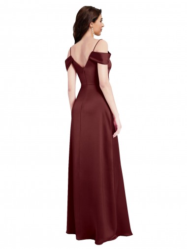 Bordeaux foncé Trapèze Épaule Dénudée Col V Satiné Stretch Longue Formelles Robes demoiselle d'honneur / Robes de soirée / Robes de bal