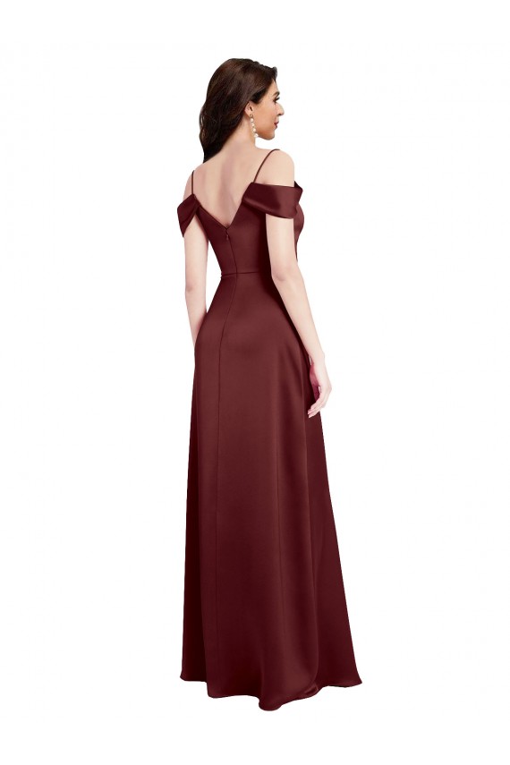Bordeaux foncé Trapèze Épaule Dénudée Col V Satiné Stretch Longue Formelles Robes demoiselle d'honneur / Robes de soirée / Robes de bal Pas Cher