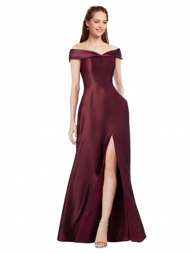 Bordeaux foncé Trapèze Épaule Dénudée Sans bretelle Satiné Longue Formelles Robes demoiselle d'honneur / Robes de soirée / Robes de bal Pas Cher